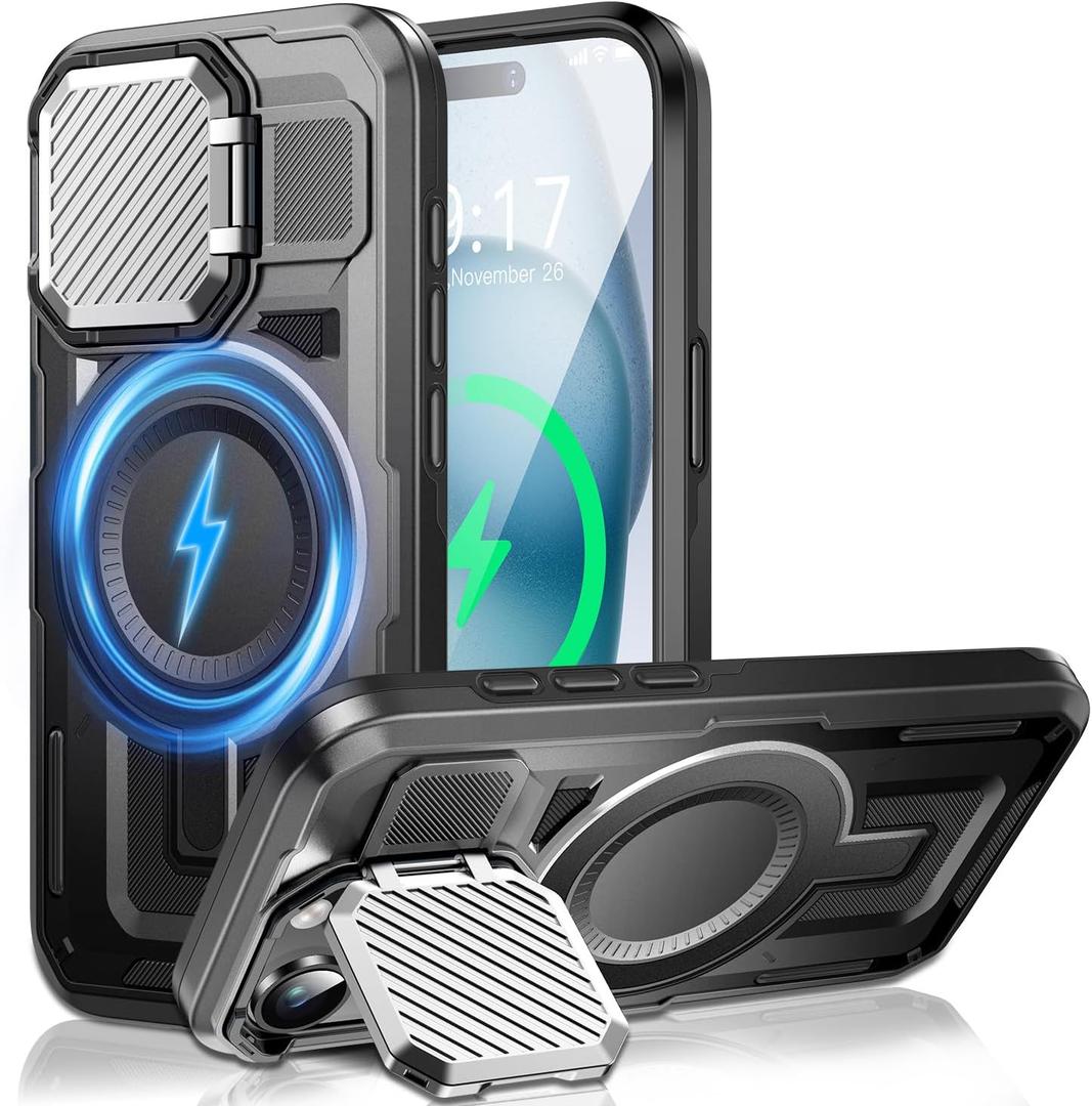 Camera Stand Case for iPhone 15 Plus, [Compatible with Mag Safe] [Lens Cover] 2024 Version Military Grade Protective Soft Case for iPhone 15 Plus 6.7 inch Men Women, Black