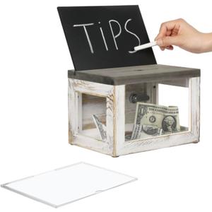 MyGift Tip Jar Box, Donation Offering Box Church, Suggestion Box with Clear Acrylic Panel, Lock, Key, Removable Chalkboard and Sign Holder, 9 x 6 Inch Whitewashed and Weathered Gray Wood