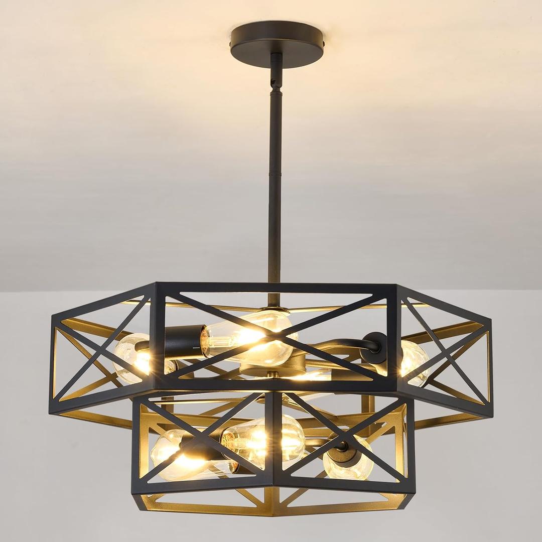 7-Light Dining Room Chandelier, Black Geometric Cage Ceiling Light Fixture, Adjustable Height Farmhouse Hanging Industrial Pendant Light with E26 Base for Kitchen Island Living Room Bedroom Foyer