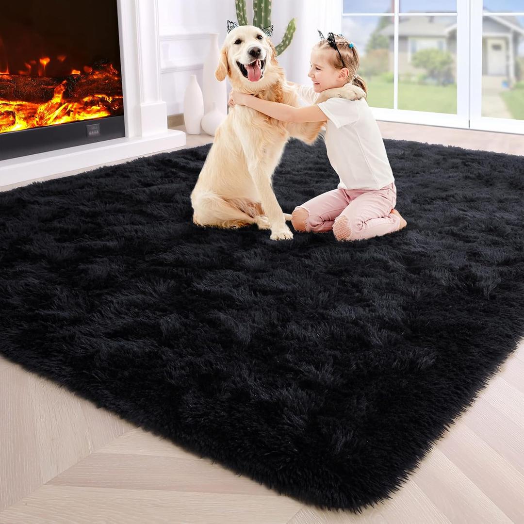 Noahas Black Area Rugs for Bedroom Living Room,4x6 Fluffy Thick Shag Throw Floor Carpet,Soft Shaggy Bedside Non-Slip Plush Dorm Nursery Kids Rug