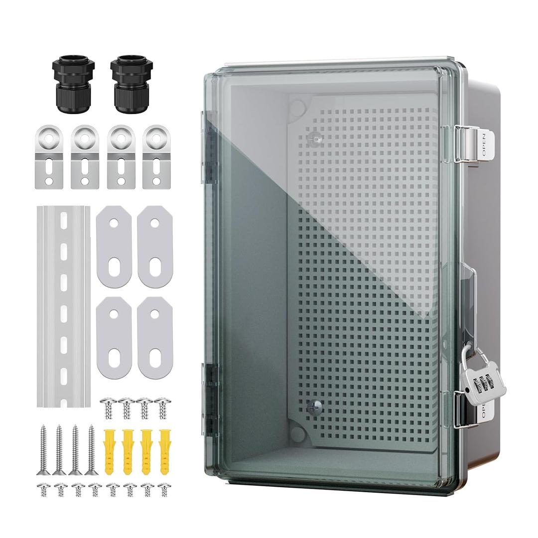 BSEED Waterproof Electrical Junction Box, Outdoor Enclosure with Hinged Cover, Mounting Plate & Wall Brackets - Lockable ABS Plastic Box for Router, Switch, Electrical Project(Clear, 16.1"12.2"7.1")