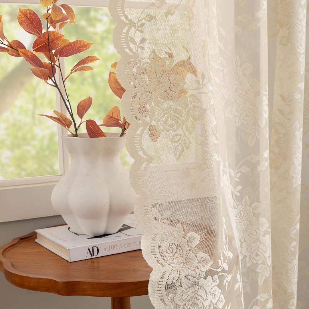 Beige Lace Curtains 84 inches Long Victorian Peony Flower Sheer Curtain Panels for Living Room Bedroom Light Filtering Retro Shabby Chic Crochet Drapes Cottage Core Decor Pair W52 X L84 Light Beige