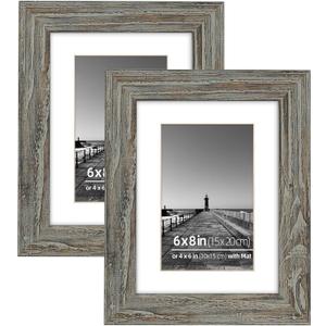 6x8 or 4x6 with Mat Washed Grey Wood Farmhouse Vintage Picture Frame Set, Rustic Textured 1.25 Wide Wooden Border, Real Glass Photo Protection for Family Friends, 2 Pack