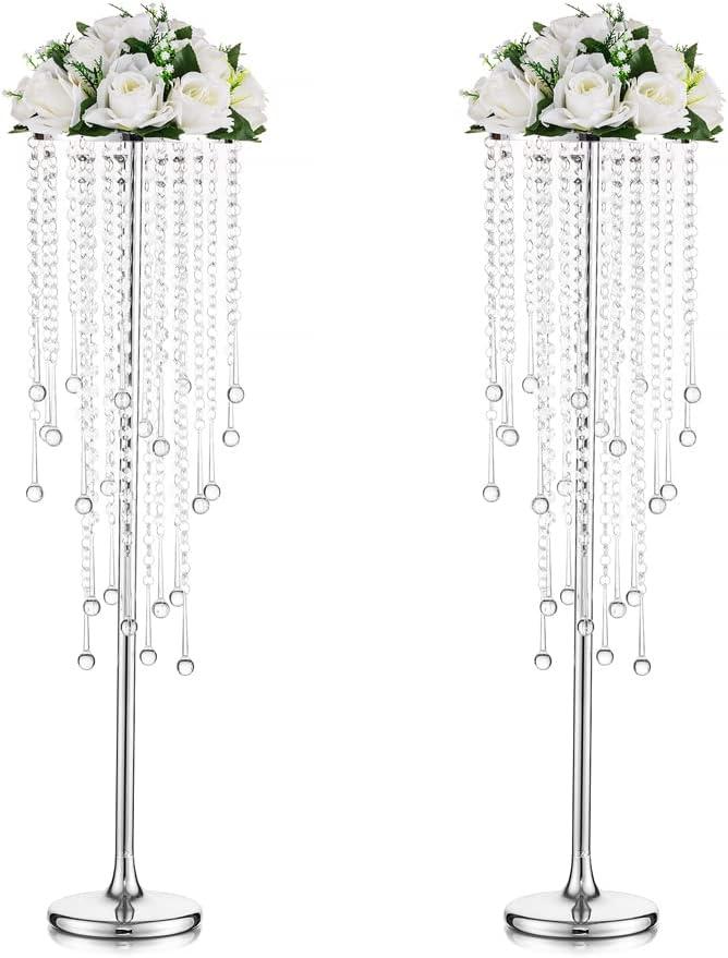 Silver Vases Wedding Centerpieces for Tables - 29.6" Tall Flower Vase with Chandelier Crystal, Centerpiece Table Decorations, Metal Flower Stand for Wedding, Reception, Party, Events, Home, 2 Pcs