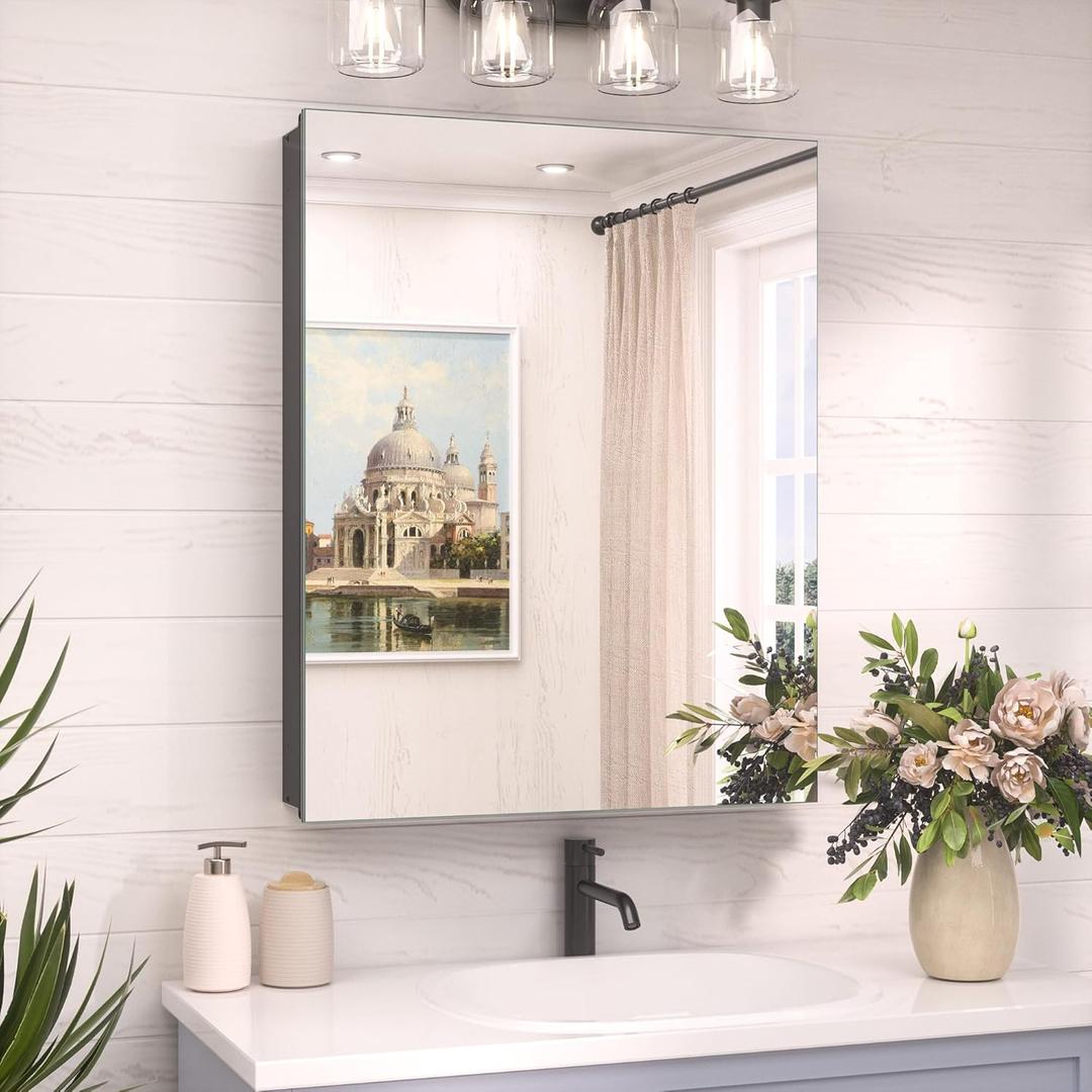 TokeShimi 20 x 26 Recessed Medicine Cabinet Mirror Black Tempered, Aluminum Surface Mount Medicine Cabinet Mirror with Storage with Stepless Adjustable Shelves for Bathroom Modern Farmhouse