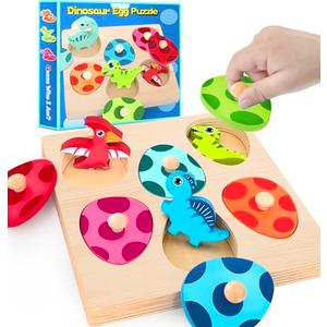 SIERLIKY Wooden Peg Puzzle for Toddlers,Montessori Toys for Kids，Wooden Learning Color Sorting Shape Puzzles for Old Boys Girls, Dinosaur Match Eggs Developmental Sensory Matching Games