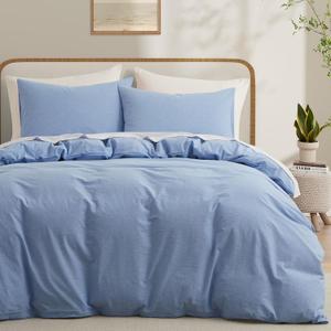 LOVQUE Light Blue Cotton Duvet Cover Queen Size, Linen Like Natural Bedding Set with Zipper Closure (No Comforter), 90x90 Inches
