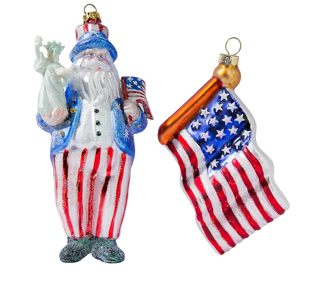 Blown Glass American Flag Ornament and Patriotic Santa Christmas Ornaments for Christmas Tree