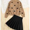 RoseSeek Girl's 2 Piece Cute Outfits Heart Long Sleeve Knit Sweater and Pleated Skirts Preppy Trendy Fall Winter Clothes Brown 12 Years