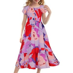 GRACE KARIN Girls Summer Hawaiian Dresses Size 14 Tween Girl Floral Easter Dress Kids Spring Maxi Party Dress,Red Purple