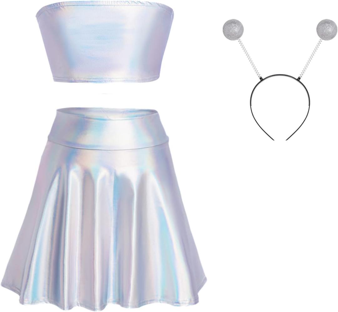 Alien Costume Women Metallic Mini Skirt Dress Alien Outfits Headband Accessories Cosplay Suit for Halloween Mardi Gras (Medium, Silver)