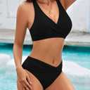Women Twist Front Bikini Sets Two Piece Swimsuit Criss Cross Tie Back Bathing Suit (Black, L)