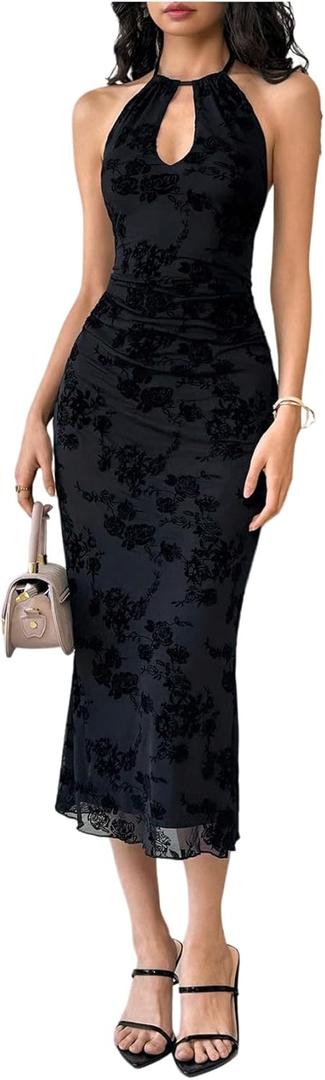 GORGLITTER Women's Mesh Halter Bodycon Midi Dress Sheer Cut Out Dresses Gothic Party Cocktail Prom Going Out Outfits (Black, L)