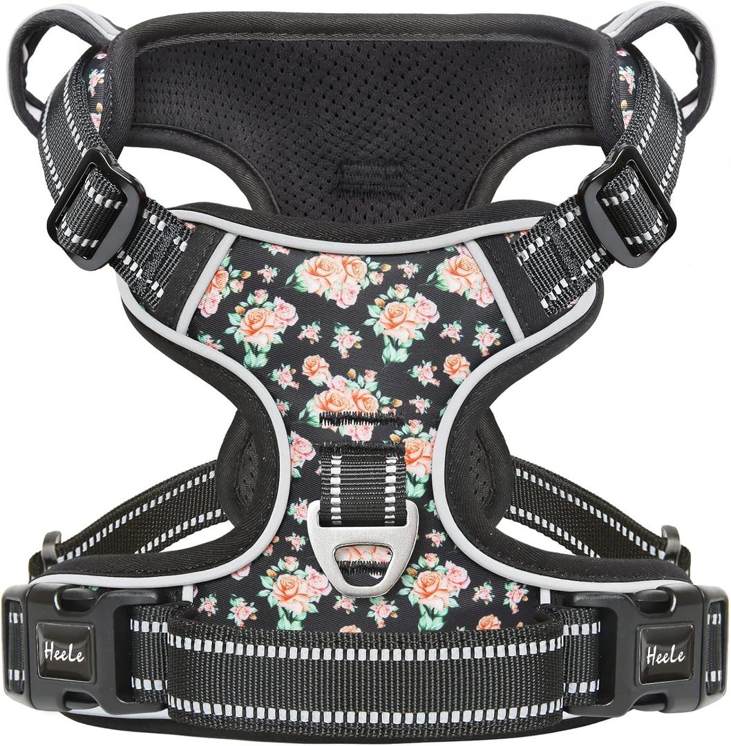 HEELE Dog Harness, No Pull Adjustable Padded Reflective Harness for Dogs with Handle for Walking Training, Flower-Black, L