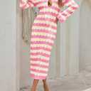 Saodimallsu Womens Crochet Summer Maxi Dress Striped Sexy Cut Out V Neck Long Sleeve Knit Cover Up Beach Dresses (M)