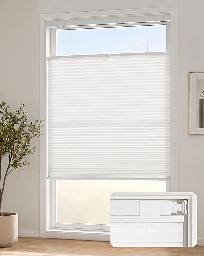Lazblinds TDBU Cellular Shades, 41" W X 64" H, White | No Drill Cordless Top Down Bottom Up Honeycomb Blinds, 1.5 Inch Cell Easy Install No Tools Cellular Shades for Windows, White