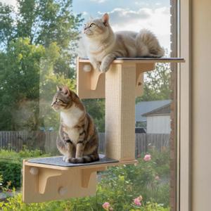 Pecute Double Cat Shelves with Scratching Post for Wall and Window with Solid Wood, Strong Suction Cup, Washable Cover Mat, Cats Perch Bed for Birds Watching Inside Indoor Cat Hammock Bed (Double Layer Carpet M(15.7"L x 10.2"W))