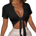 Women's Tie Front Crop Top V Neck Short Sleeve T Shirt Summer Casual Basic Slim Fit Tees (Black, S)
