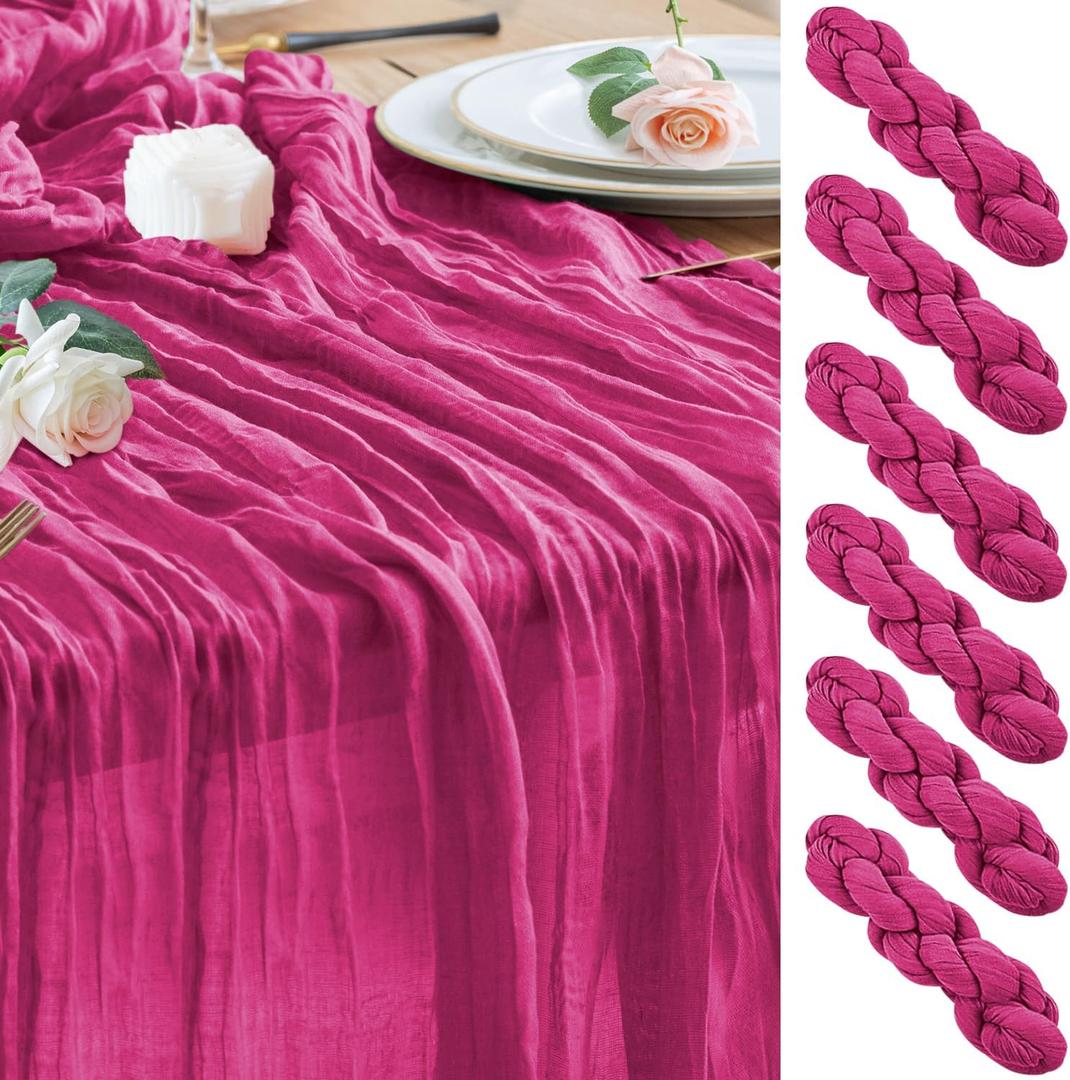 Wokceer Cheesecloth Table Runner 6Pack 10FT Fuchsia Boho Gauze Cheese Cloth Table Runner for Party Long Rustic Sheer Table Runners for Baby Bridal Shower Wedding Easter Table Decor