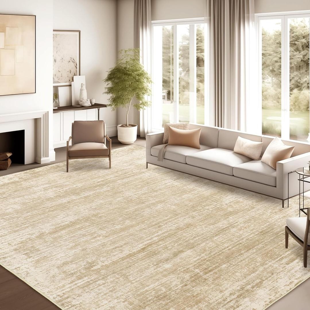 zesthome 9x12 Area Rugs for Living Room, Non-Slip Backing Washable Rug, Modern Abstract Area Rug, Stain Resistant Rugs for Bedroom, Ultra-Thin Large Area Rugs, Area Rug 9x12 (Beige/Brown)