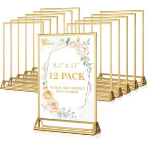 EHWINE 12 Pack Acrylic Sign Holder 8.5 x 11, Double Sided Gold Picture Frame Stand up Table Top Sign Holders, Clear Display Stand Menu Flyer Holder for Wedding Party (Provide Non-Slip Mats)