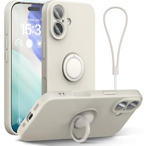 for iPhone 17 Case 6.3'', Ring Stand Silicone Slim Design (with Wrist Strap), Magnetic Car Mount Case Cover Compatible with iPhone 17 (White Stone)