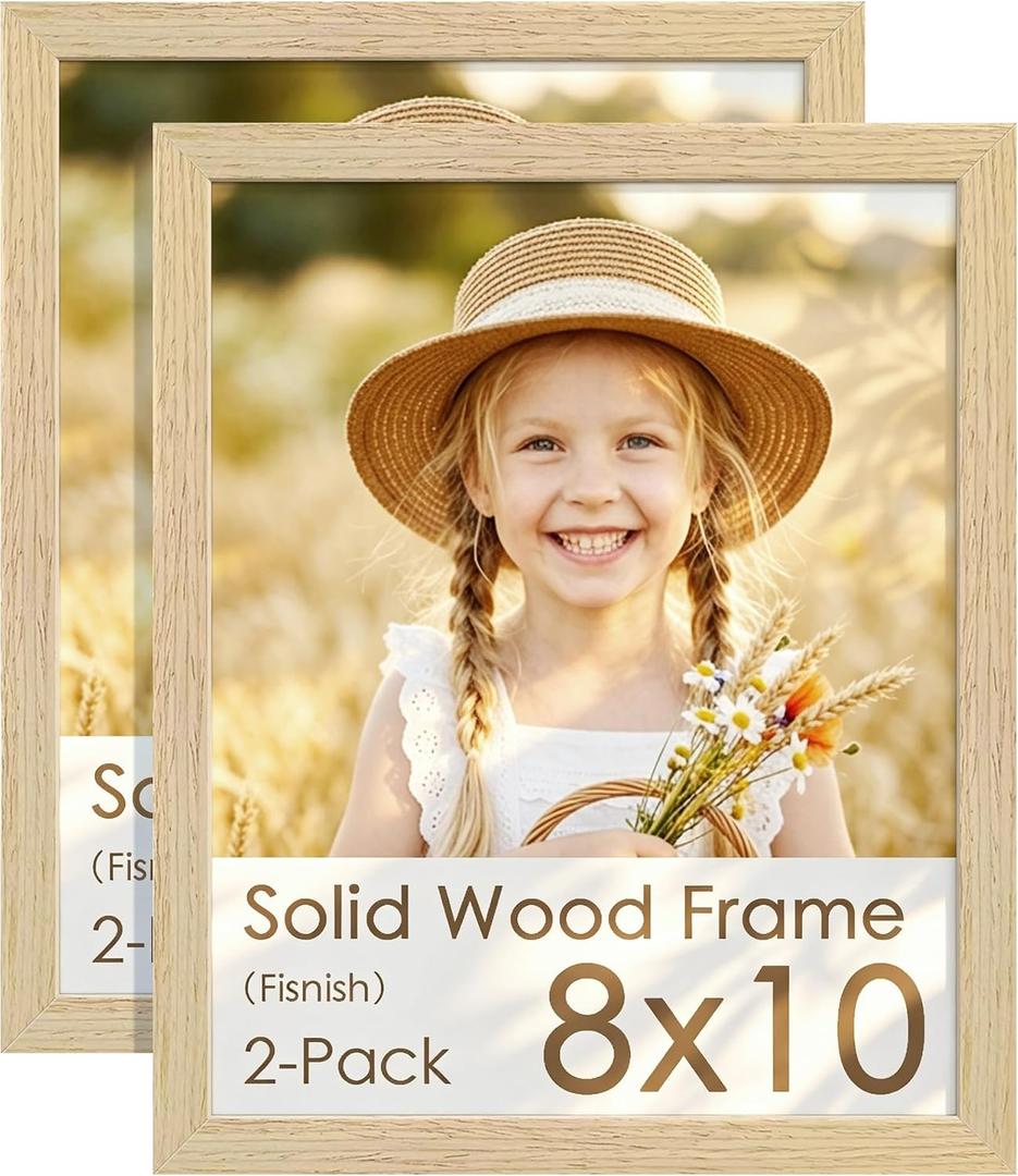8x10 Picture Frame Set of 2, Natural Solid Wood Picture Frames, Display 8x10 Photos without Mat, for Wall and Tabletop, Natural