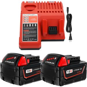 2 Pack 5.0Ah 18V Batteries and Charger Replace for Milwaukee M18 Battery 48-11-1850, Compatible with m18 Milwaukee Battery Charger Combo 48-11-1860 48-11-1815 48-11-1820 48-11-1828