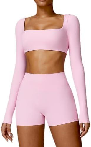 ABOCIW Workout Sets for Women 2 Piece Square Neck Long Sleeve Crop Tops High Waist Biker Shorts Gym Sets Size L