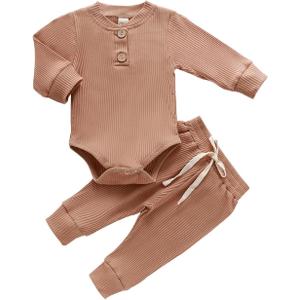 Newborn Baby Boy Girl Clothes Ribbed Knitted Cotton Long Sleeve Romper Long Pants Solid Color Fall Winter Outfits (0-3 Months)