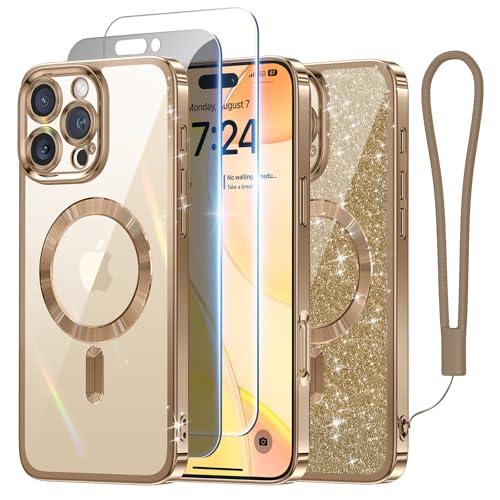 Meifigno Designed for iPhone 16 Pro Max Case 6.9", [Glitter Card&Wrist Strap] [Compatible with MagSafe] [1X HD+1X Privacy Screen Protectors] Full Lens Protection for 16 Pro Max Case, Desert Titanium Missing Wristband