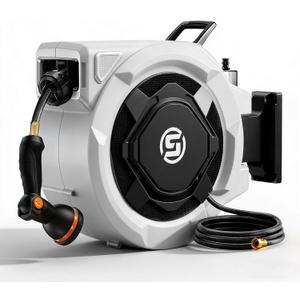 SUNPOW Retractable Garden Hose Reel - 1/2" x 100ft Wall Mounted Hose Reel with 3/4'' Brass Fitting & 10-Pattern Nozzle - Auto Slow Retraction, Any-Length Lock, 180Swivel for Lawn & Gardening