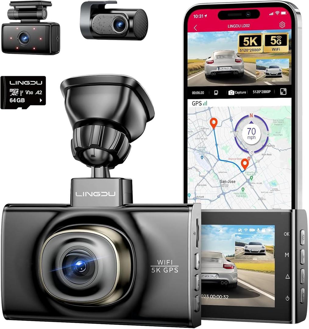 LD02 5K 3 Channel Dash Cam 5G WiFi with Free 64GB Card, 4K+1080P+1080P Front Inside and Rear Triple Car Camera, IR Night Vision Voice Control, Build-in GPS 24H Parking Mode, Easy to Install (LD02)