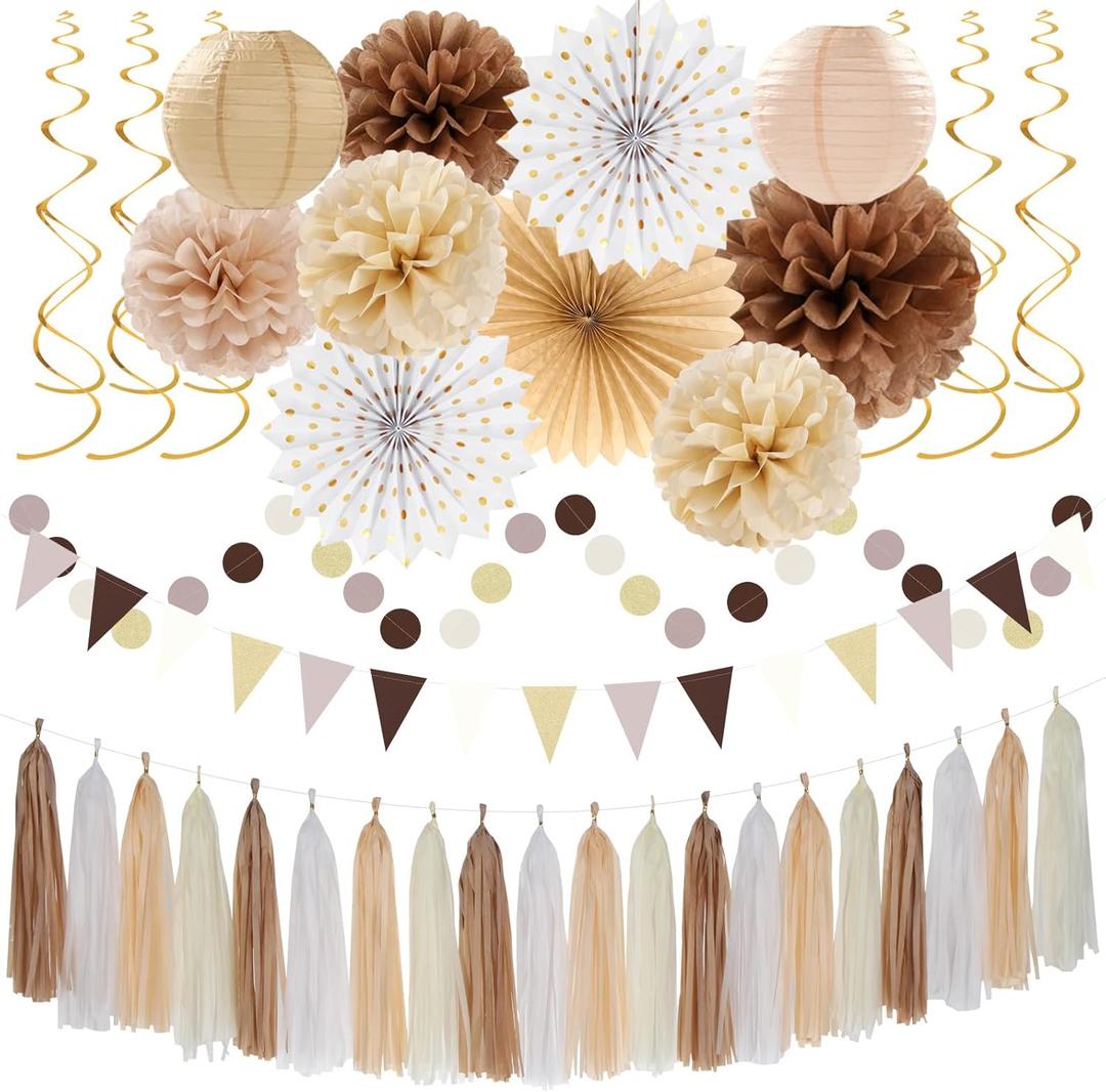 Boho Baby-Shower White-Brown Champagne Fall Party-Decorations - 33pcs Banner, Streamers Tassel Garland, Tissue Pom Poms Honeycomb, Paper Lantern Fan, Autumn, Bridal, Christmas, Birthday, Wedding Decor Hugtmr
