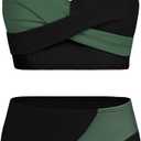 Girls Swimsuits Bikini Set Color Block Criss Cross V Neck Teen Girl Swimsuit Two Piece Cut Bathing Suit (11-12 Years, Black+green)