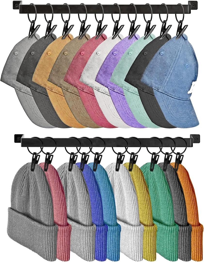 Hat Rack for Wall Baseball Cap Set of 2, Metal Hat Hanger with Hooks, Wall Mount Cowboy Hat Storage Display Sock Scarf Organizer for Door Closet Entryway Bedroom