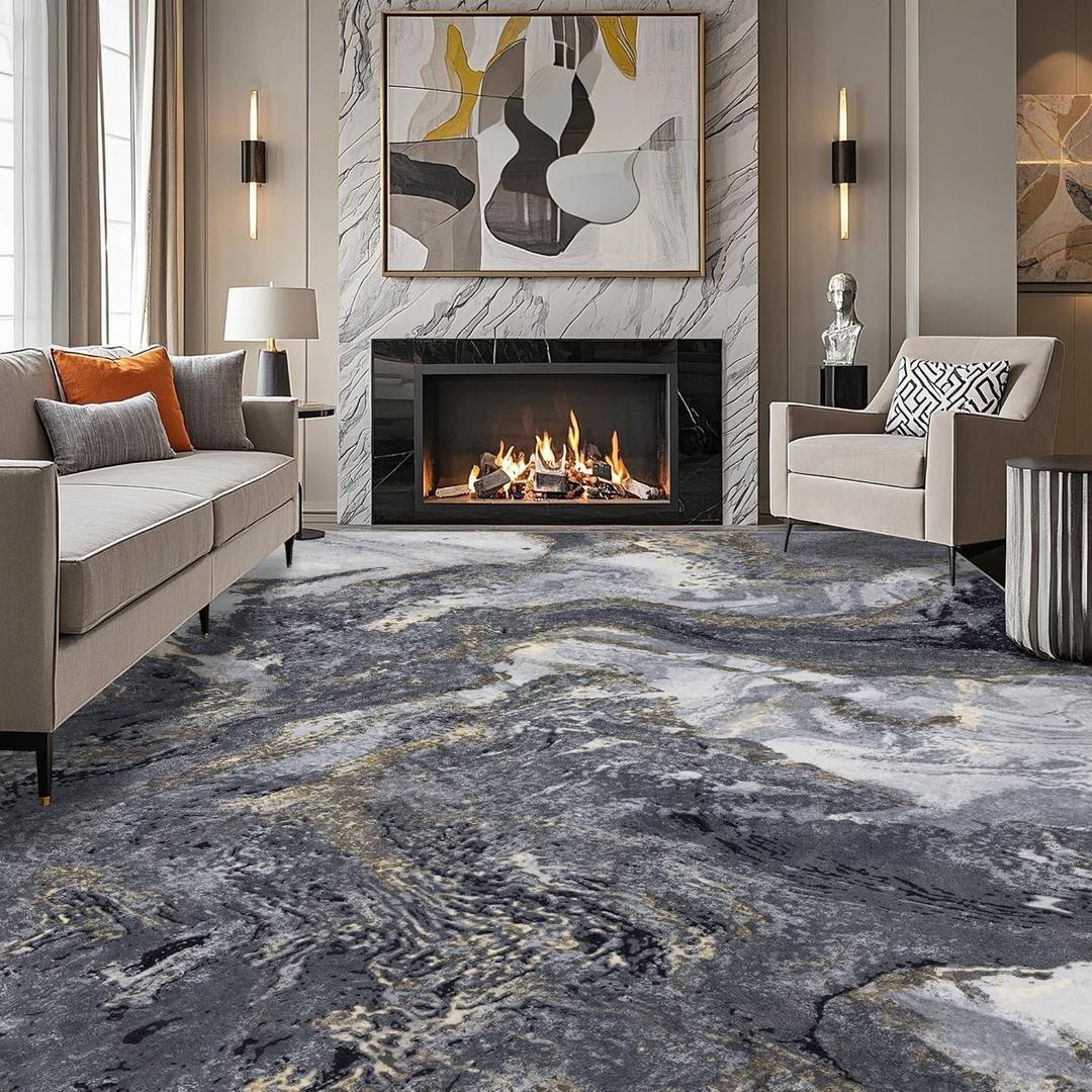 Abstract 8x10 Area Rugs: Modern Washable Rug for Living Room Bedroom Dining Room Indoor - Thin Low Pile Non-Slip Large Carpet - Black Gold