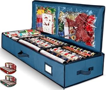 Premium Wrapping Paper Organizer Storage | Gift Wrap Holder with Extra Pockets for Christmas Decorations, Reinforced Handles, Heavy Duty, Ultra-Durable, Tear-Proof Fabric - Fits Up to 27 Rolls (Blue)