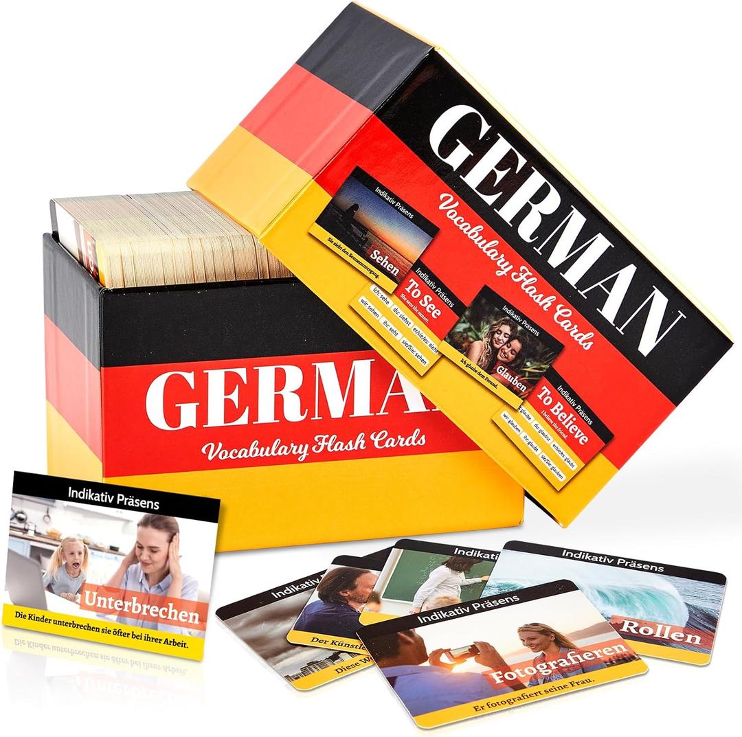 gisgfim 300 Pcs German Words Vocabulary Flash Cards with Pictures German Verb Conjugation Present Flash Cards Learn Essential German Language Vocabulary Words for Beginners Adults Kids