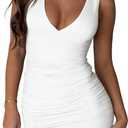 LCNBA Women's Sexy Deep V Neck Going Out Ruched Bodycon Sleeveless Party Club Mini Dress White Medium (White, M)