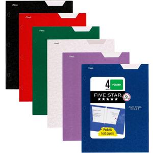 Five Star 4-Pocket Folder, 6 Pack, Paper Folder, Fits 3-Ring Binders, Holds 8-1/2" x 11" Paper, Assorted Colors (38058) (Black, Blue, Red, Green, Purple, White)