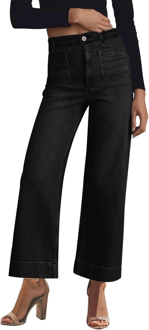 KUNMI Women's Wide Leg Jeans High Waisted Straight Leg Stretchy Denim Pants with Pockets (12, Wl001-black)