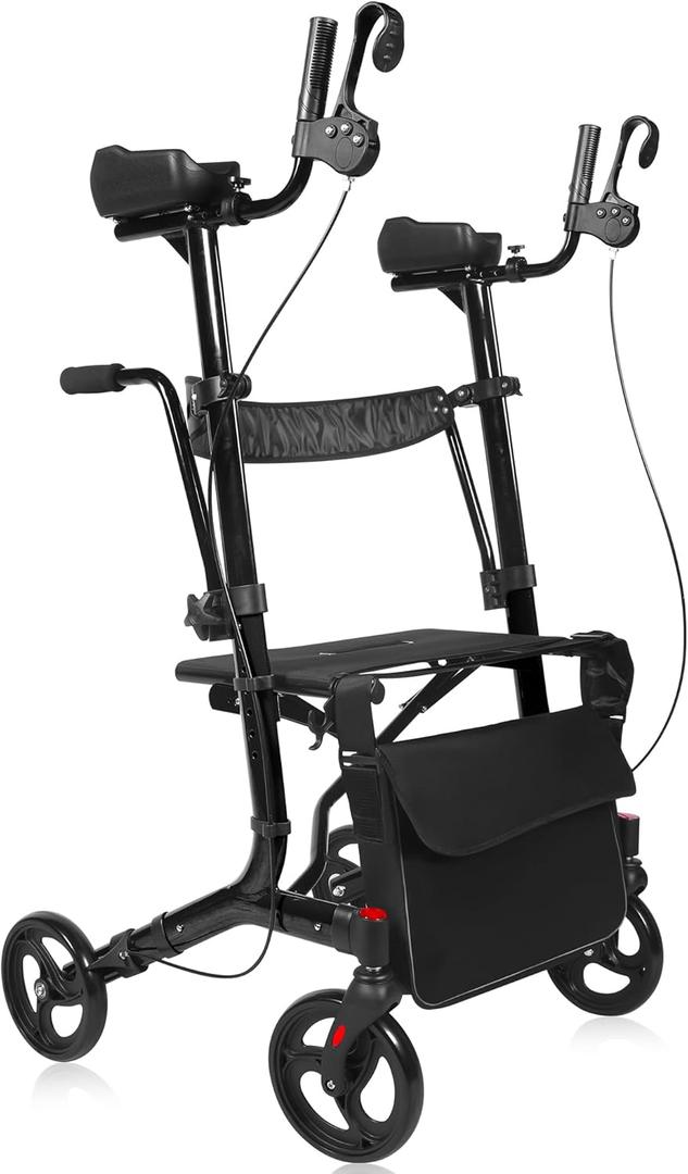 Sunderwell Upright Walker for Seniors & Adults with Seat 450 lb Capacity, Stand Up Walkers Foldable, 19.8 lbs Lightweight, Adjustable Arms, 7.9-Inch Wheels for All Terrain Rollator Walker (Black02)