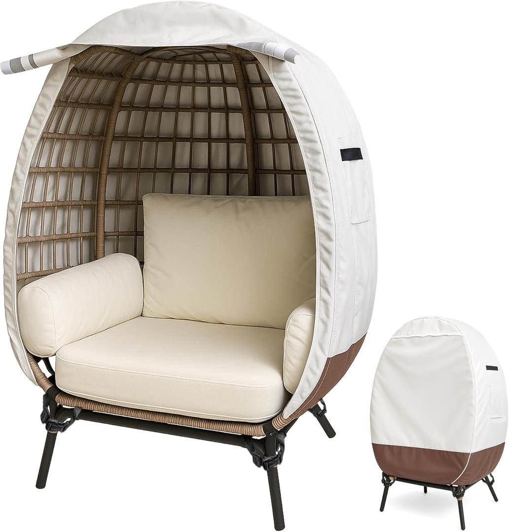 UNARK Outdoor Egg Chair Cover, Wicker Patio Egg Chair Covers Waterproof Roll Up Design with Zipper Dust Protection Weather Resistant, 40L 24W 50H Inches, Beige and Brown