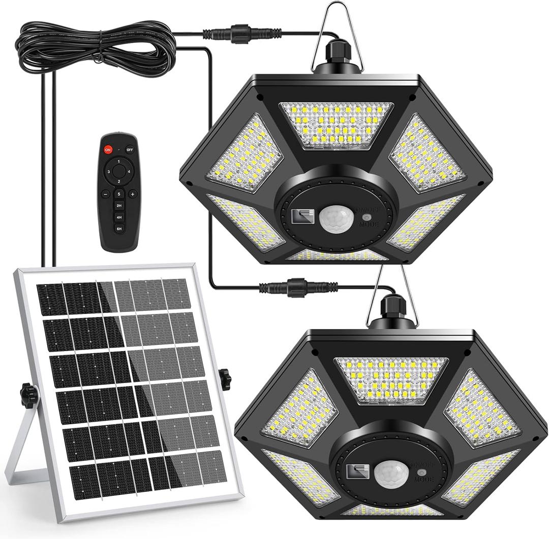 Solar Pendant Lights, Dual Head Solar Shed Lights with Motion Sensor for Outdoor,180 LED Solar Indoor Lights with Remote Control for Barn Gazebo Garage Garden Home (Two Packs)