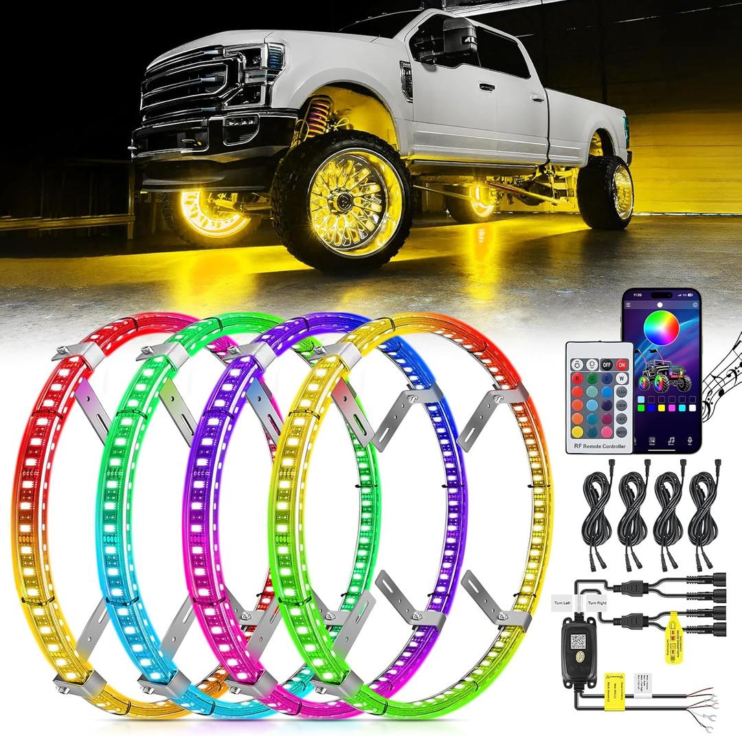 Nilight 4PCS 15.5inch Double Row LED Wheel Ring Lights RGB with APP and Remote Control Neon Lights w/Turn Signal and Braking Function Dual Row for Car Van SUV Truck (15.5inch-Double Row)