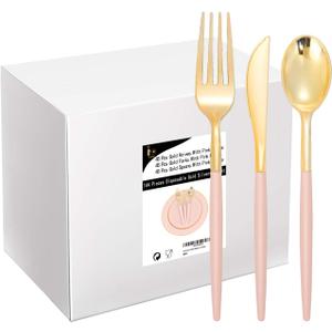 I00000 144Pcs Pink Plastic Silverware, Gold Disposable Flatware with Pink Handle, Gold Plastic Cutlery Set Includes: 48 Forks, 48 Knives and 48 Spoons Perfect for Party & Wedding