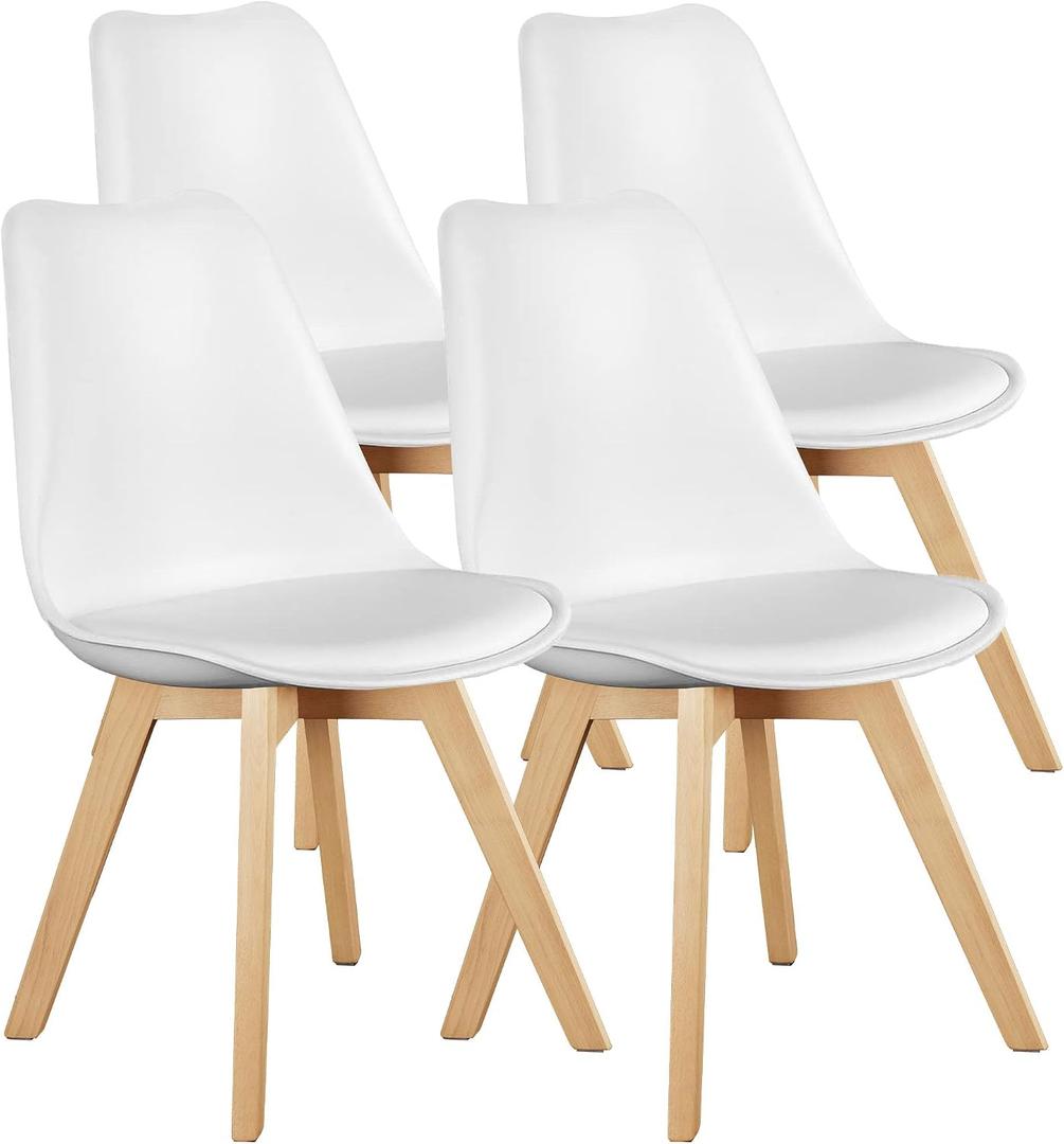 OLIXIS Dining Chairs Set of 4, Mid Century Modern Accent Chairs with Curved Backrest and Wood Legs, PU Leather Upholstered Kitchen Side Chair for Living Room, Bedroom, Outdoor Patio, White