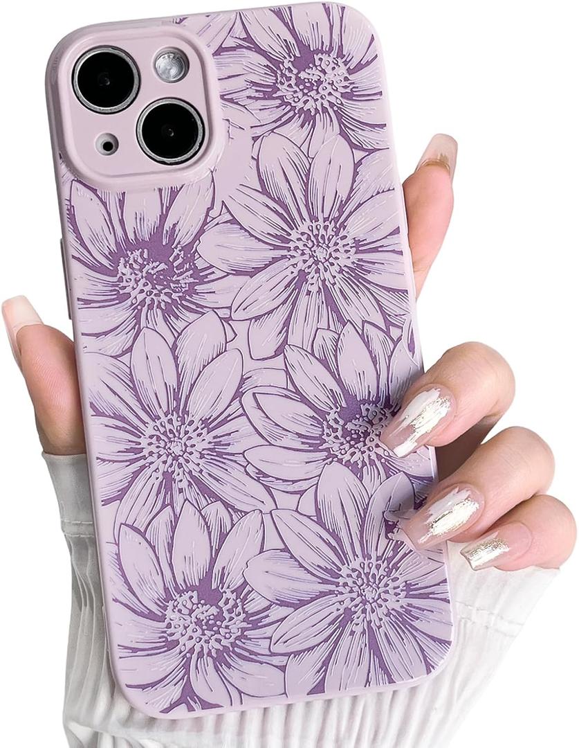 NITITOP Compatible with iPhone 14 Case Silicone Cute Flower Floral Sunflowers Pattern for Women Girl Trendy Slim Fit TPU Silicone Shockproof Full Camera Protection Cover - Purple