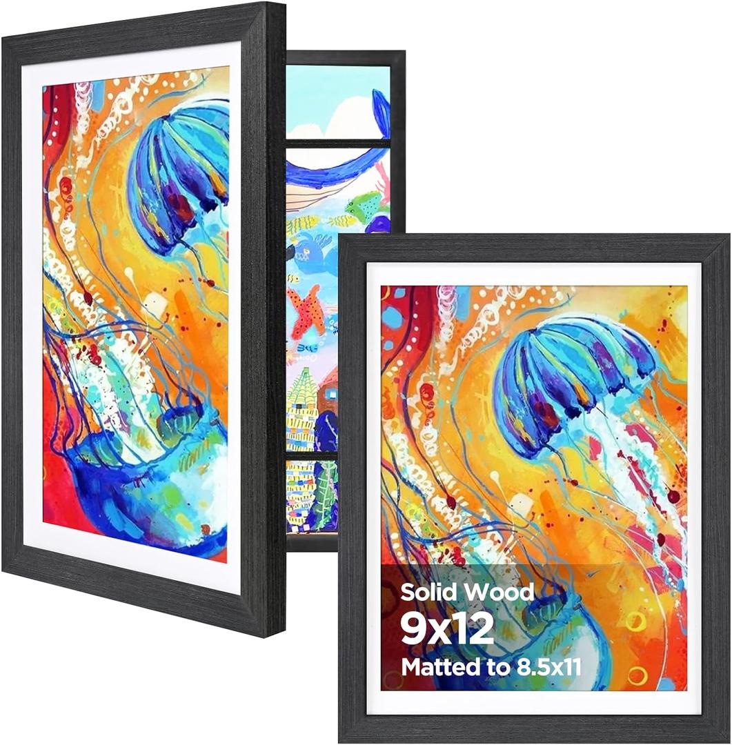 KINLINK 9x12 Kids Art Frame Set of 2, Solid Wood Kids Artwork Frames Changeable with Front Opening Hold 150 Pictures, Art Frames for Kids Art 